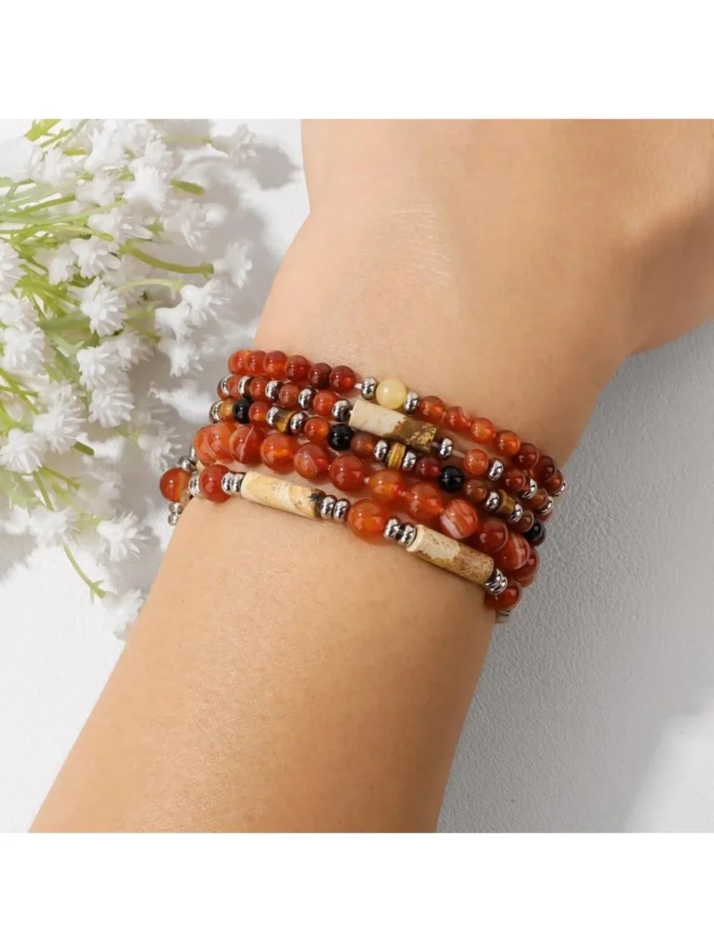 5Pcs Stackable Natural Stone Crystal Bracelets Set for Women - Healing Gemstone